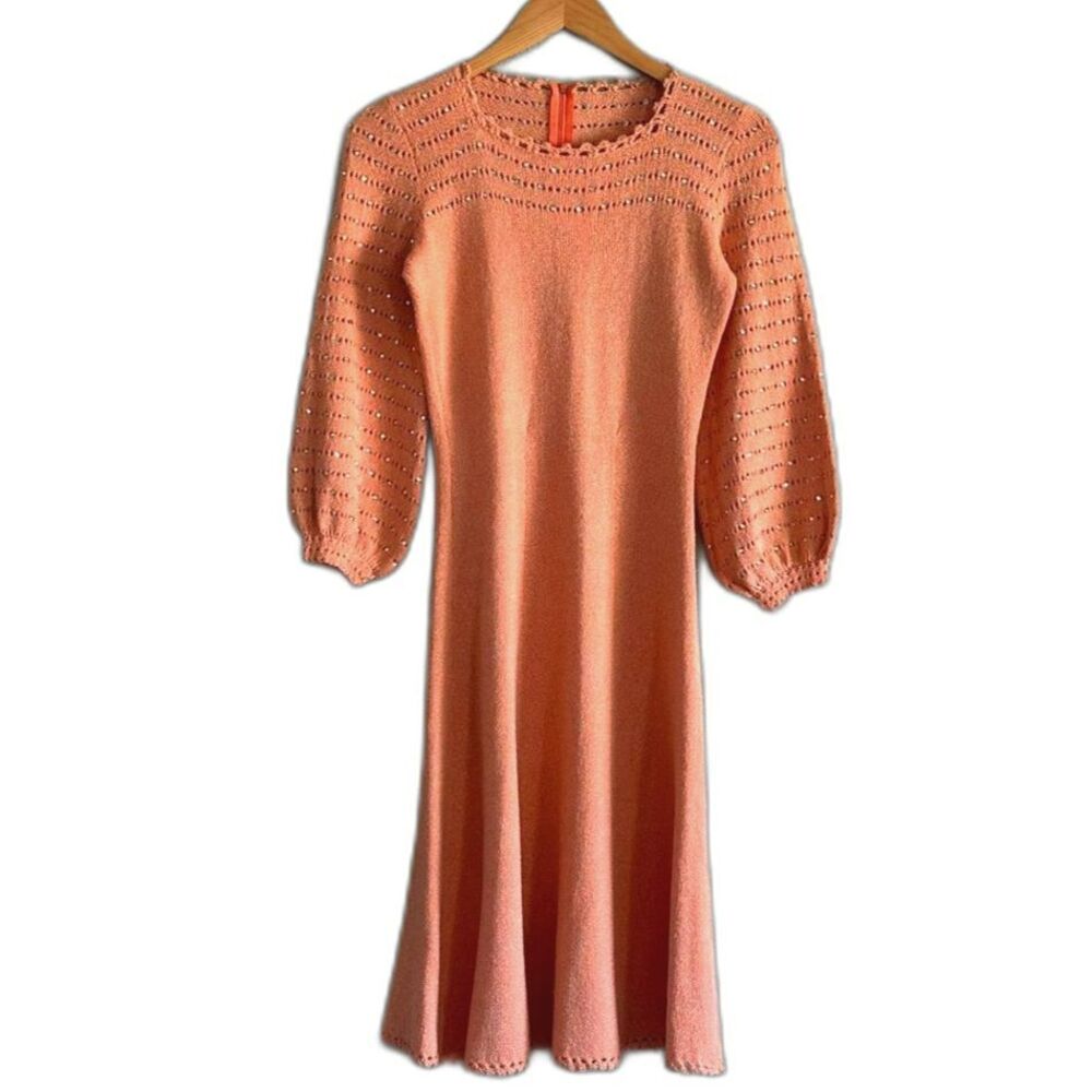 70's Vintage Miss JoAnn Dress Peach Pink Embellished Eyelet Long Sleeve Size 8